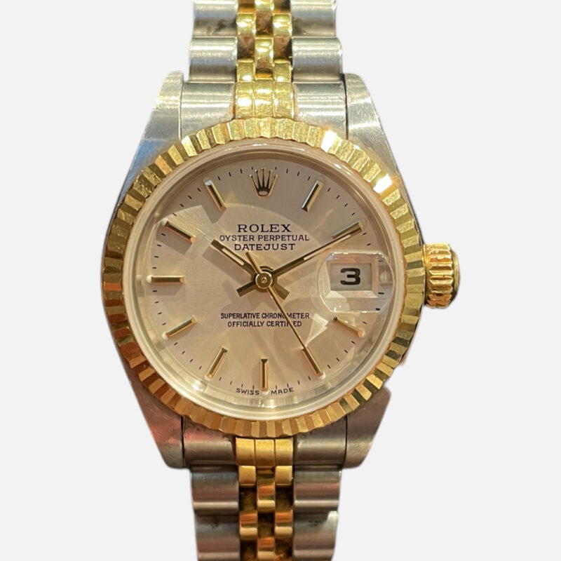 A Rolex Lady Datejust 26mm watch with two tone jubliee bracelet and a fluted bezel, with a silver dial