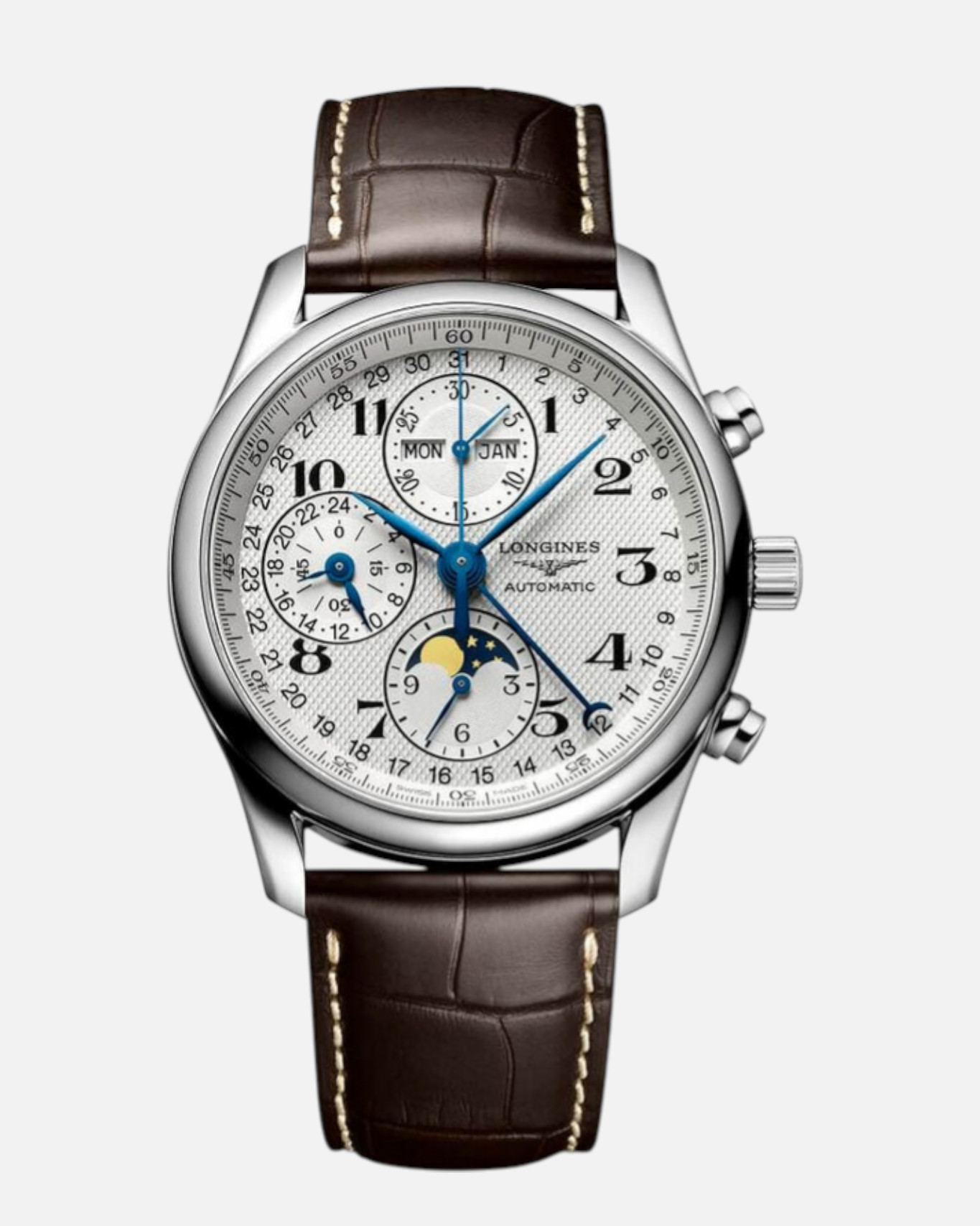 A Longines Chronograph strap watch Silver Dial